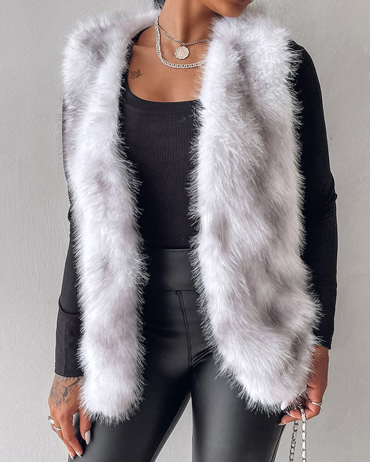 Tie Dye Pattern Open Front Fluffy Vest Coat