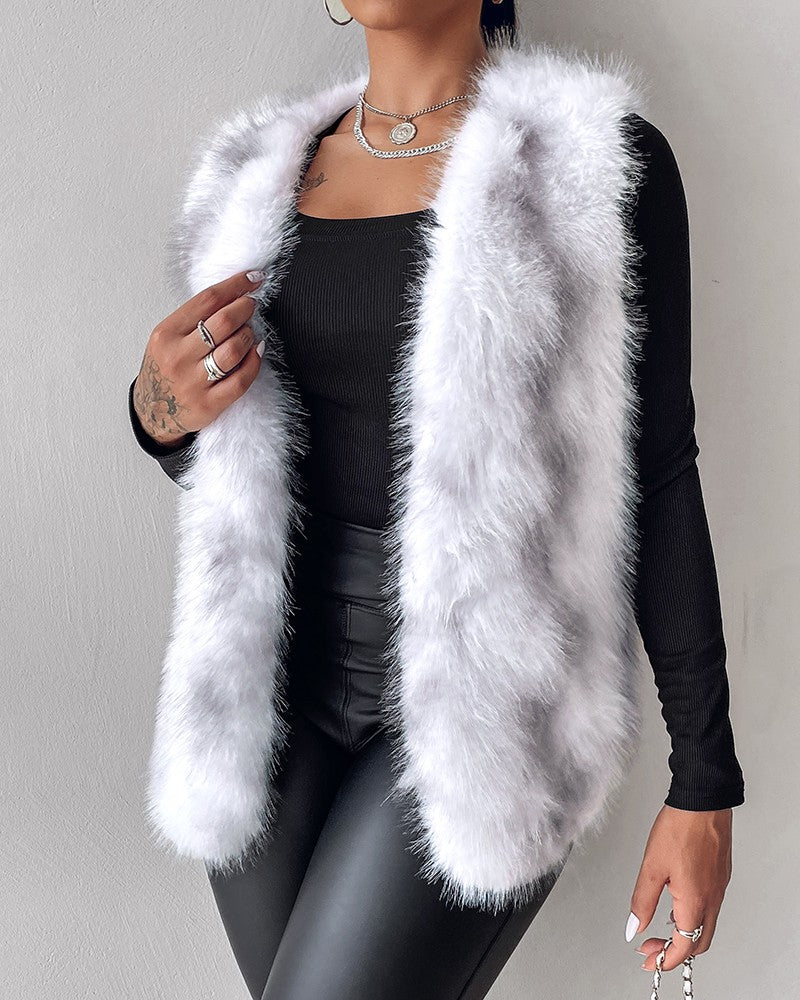 Tie Dye Pattern Open Front Fluffy Vest Coat