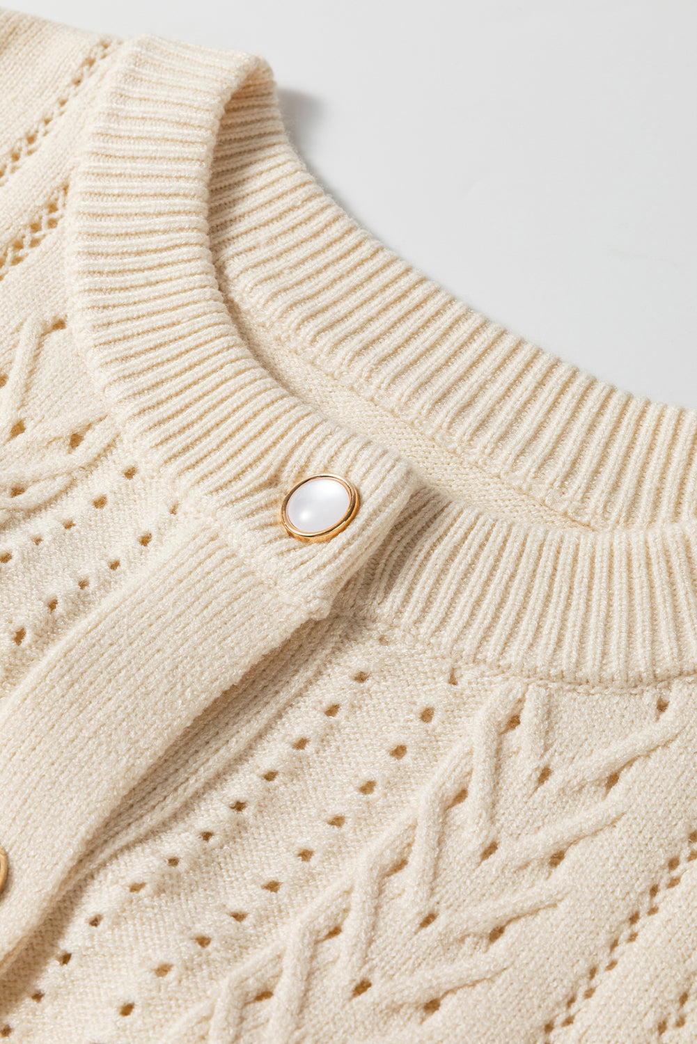 Apricot Pleated Sleeve Hollow Detail Button Sweater Cardigan