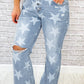 Sky Blue Star Printed Multi Buttons Slit Knee Destroyed Plus Size Jeans