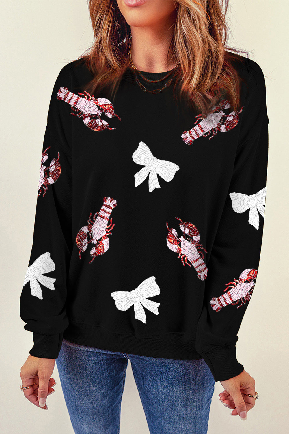 Black Crawfish Bow Sequin Patched Graphic Sweatshirt