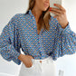 Sky Blue Abstract Print Shirred Cuff Buttoned Oversized Shirt