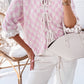 Light Pink Checkered Knitted Lace-up Ruffled 3/4 Sleeve Cardigan