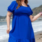 Dark Blue Shirred Ruffled Square Neck Plus Size Mini Dress