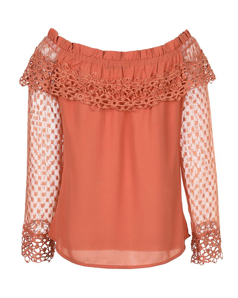 Off Shoulder Guipure Lace Frill Hem Drawstring Top