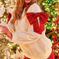 Beige Sequin Bow Decor Drop Shoulder Christmas Sweatshirt