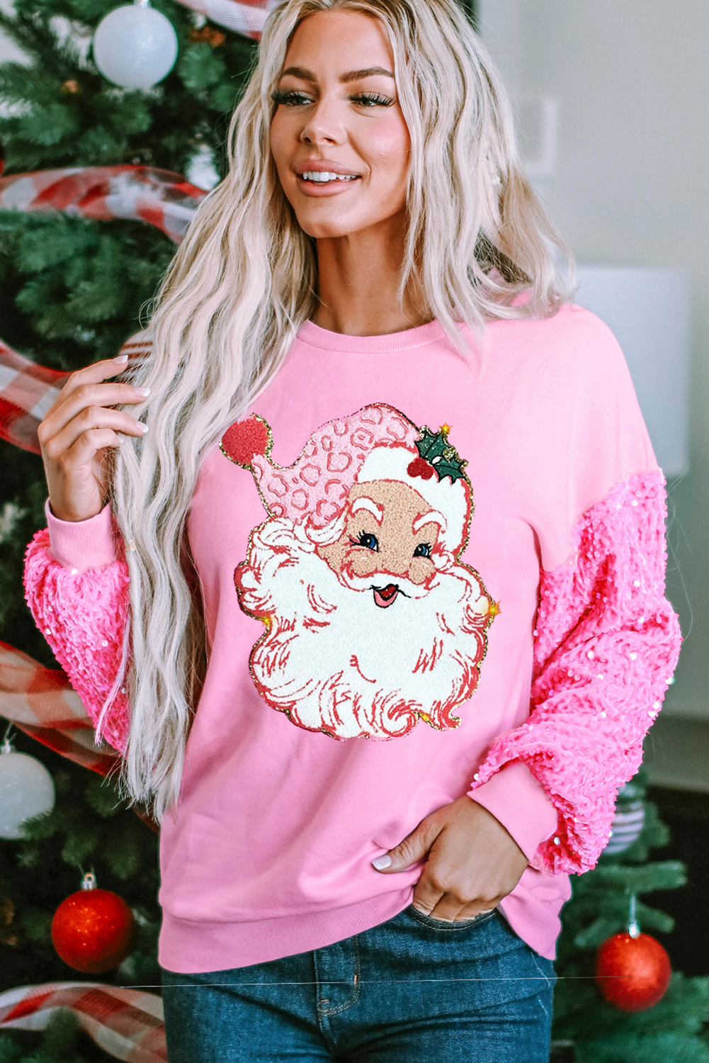 Pink Shiny Father Christmas Graphic Sequin Long Sleeve Top