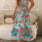 Green Abstract Print Smocked Bodice Knotted Straps Ruffled Maxi Dress