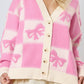 Pink Bowknot Checkered Pattern V Neck Drop Shoulder Button Up Cardigan