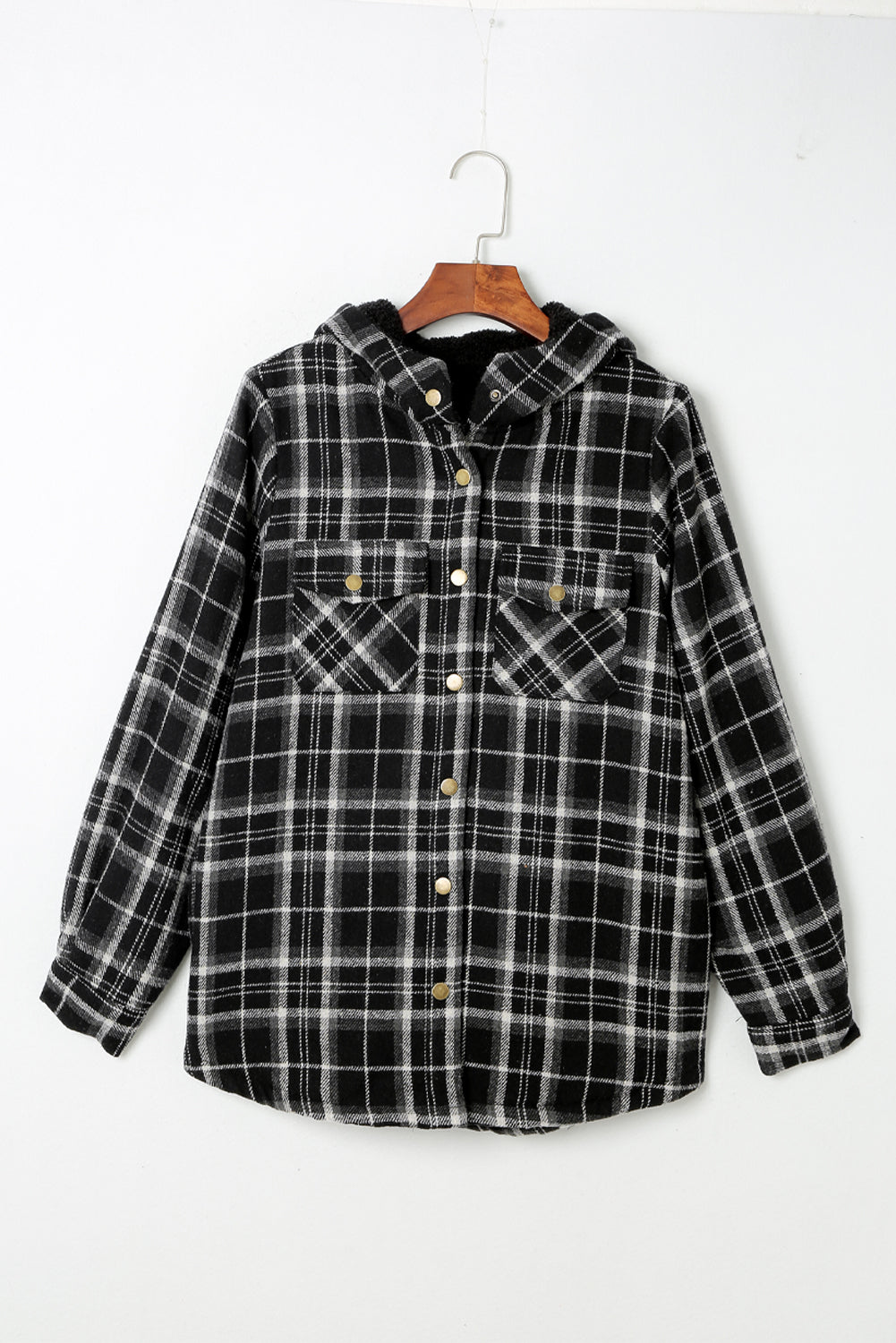 Black Plaid Pattern Sherpa Lined Hooded Shacket