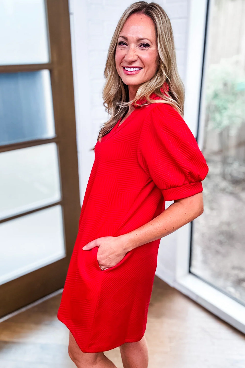 Fiery Red Textured Collared V Neck Puff Short Sleeve Shift Mini Dress