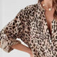 Leopard Print Stand Collar Roll Tab Sleeve Blouses Oversized Casual Shirt