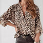 Leopard Print Stand Collar Roll Tab Sleeve Blouses Oversized Casual Shirt