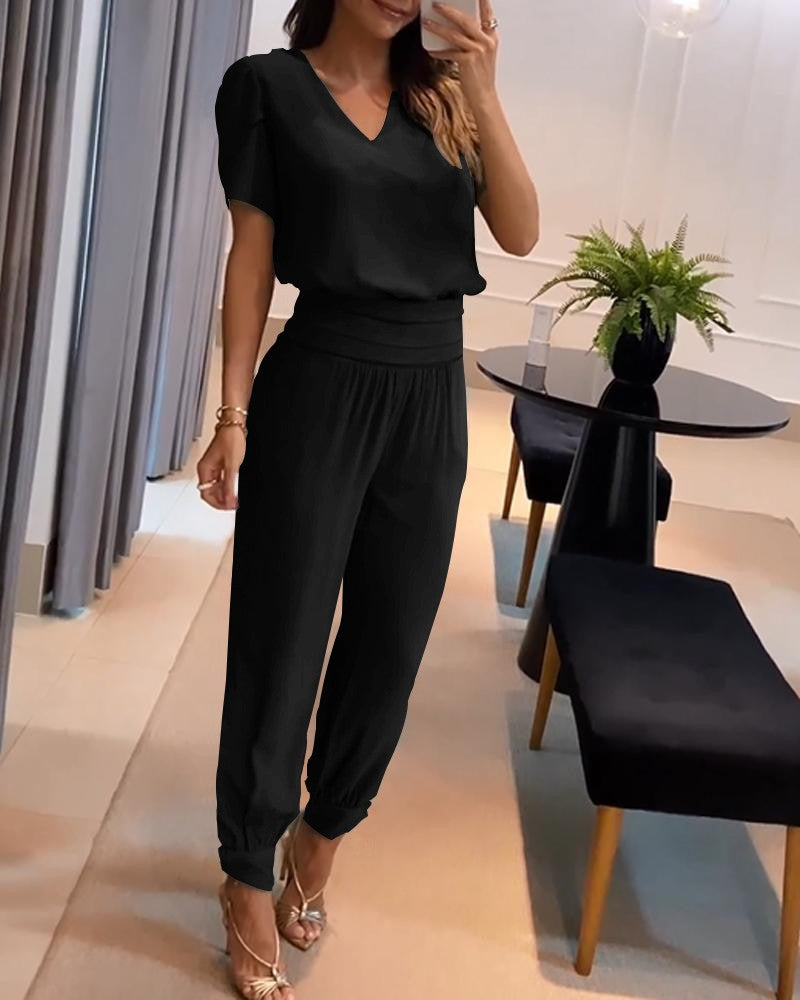 Puff Sleeve Top & High Waist Cuffed Pants Set