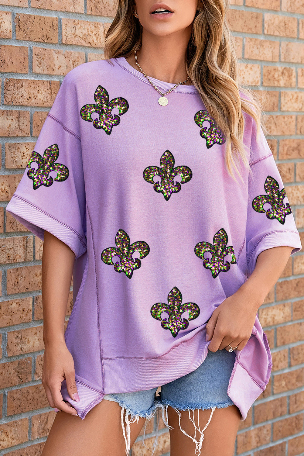 Orchid Petal Sequin Fleur De Lis Patched Exposed Seam Oversize Top