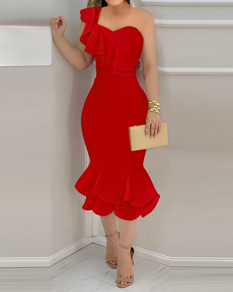 One Shoulder Ruffle Hem Bodycon Dress