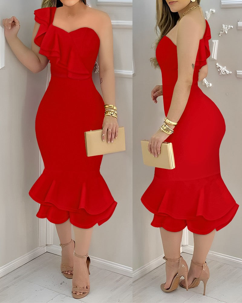 One Shoulder Ruffle Hem Bodycon Dress