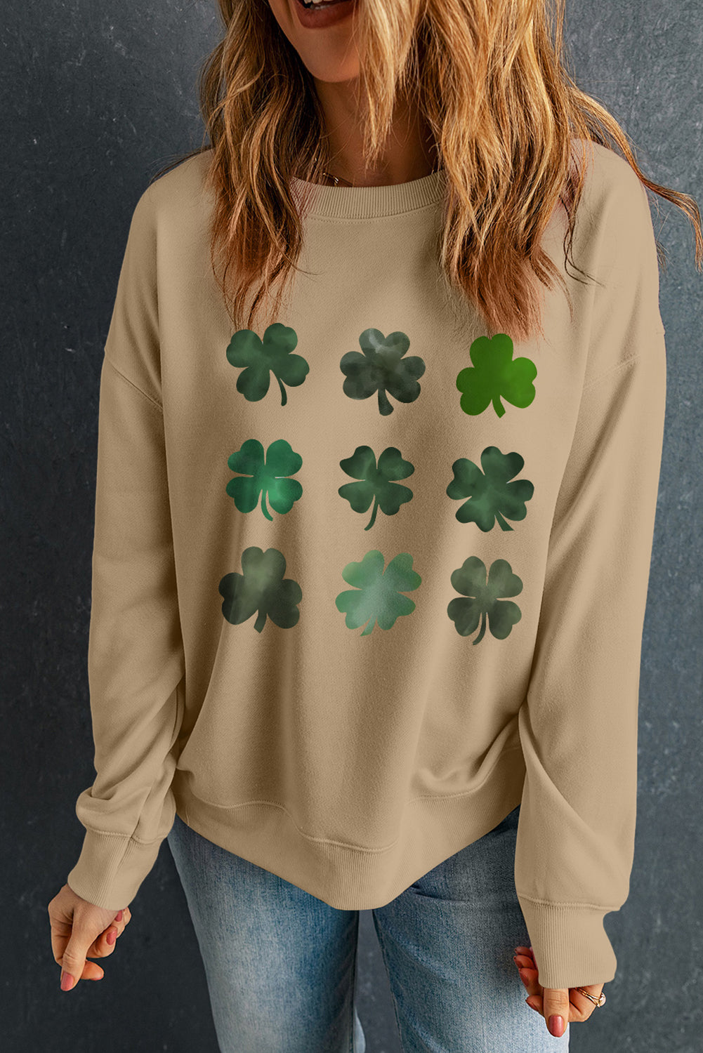 Khaki Diverse Clover Printed St Patrick Fashion Sweatshirt