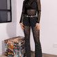 Sheer Mesh Rhinestone Decor High Waist Skinny Flared Pants