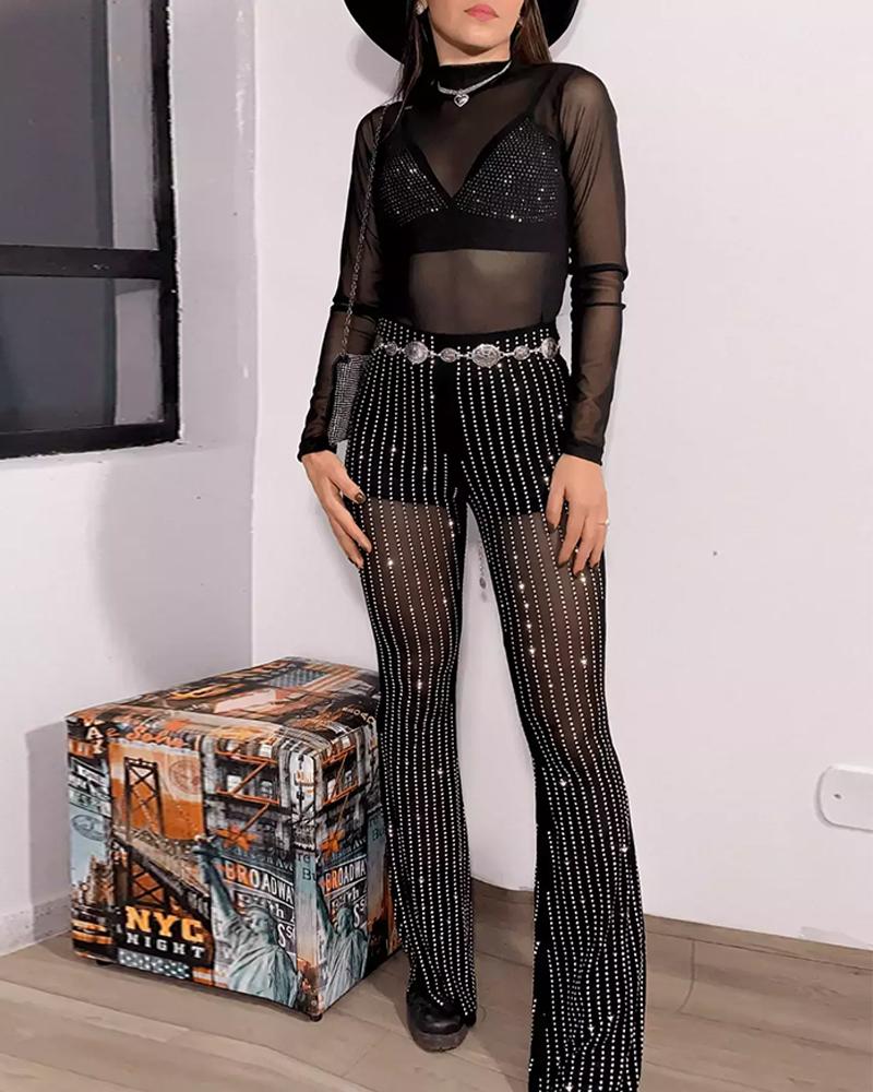 Sheer Mesh Rhinestone Decor High Waist Skinny Flared Pants