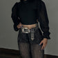 Sheer Mesh Rhinestone Decor High Waist Skinny Flared Pants