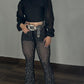 Sheer Mesh Rhinestone Decor High Waist Skinny Flared Pants