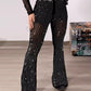 Sheer Mesh Rhinestone Decor High Waist Skinny Flared Pants