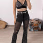 Sheer Mesh Rhinestone Decor High Waist Skinny Flared Pants