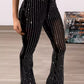 Sheer Mesh Rhinestone Decor High Waist Skinny Flared Pants