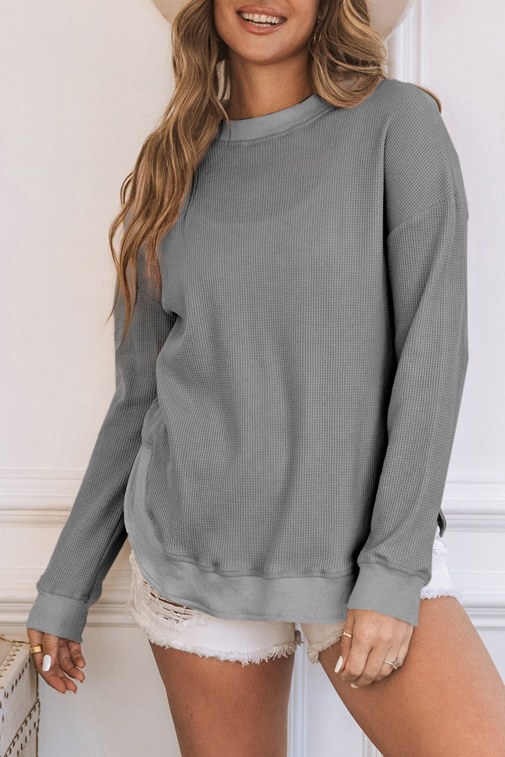 Gray Crew Neck Ribbed Trim Waffle Knit Top