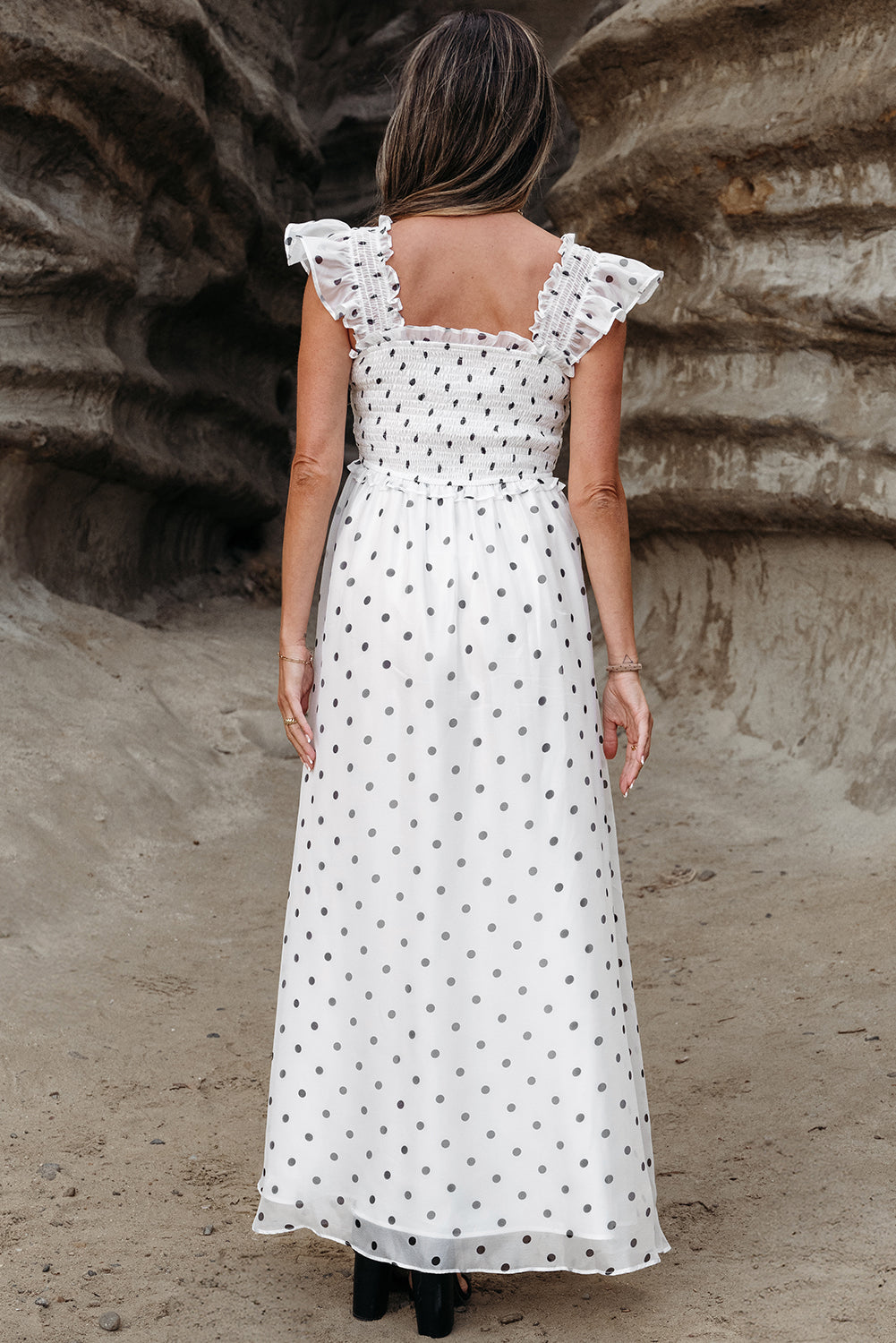 White Polka Dot Flutter Sleeve Square Neck Smocked Maxi Dress