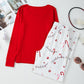 Red Solid Top and Christmas Pants Two Piece Lounge Set