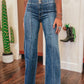 Sail Blue High Waist Button Fly Seamed Raw Hem Flare Jeans