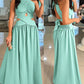 Halter Sleeveless Tied Detail Shirred Criss Cross Flared Dress Glamorous Evening Dress