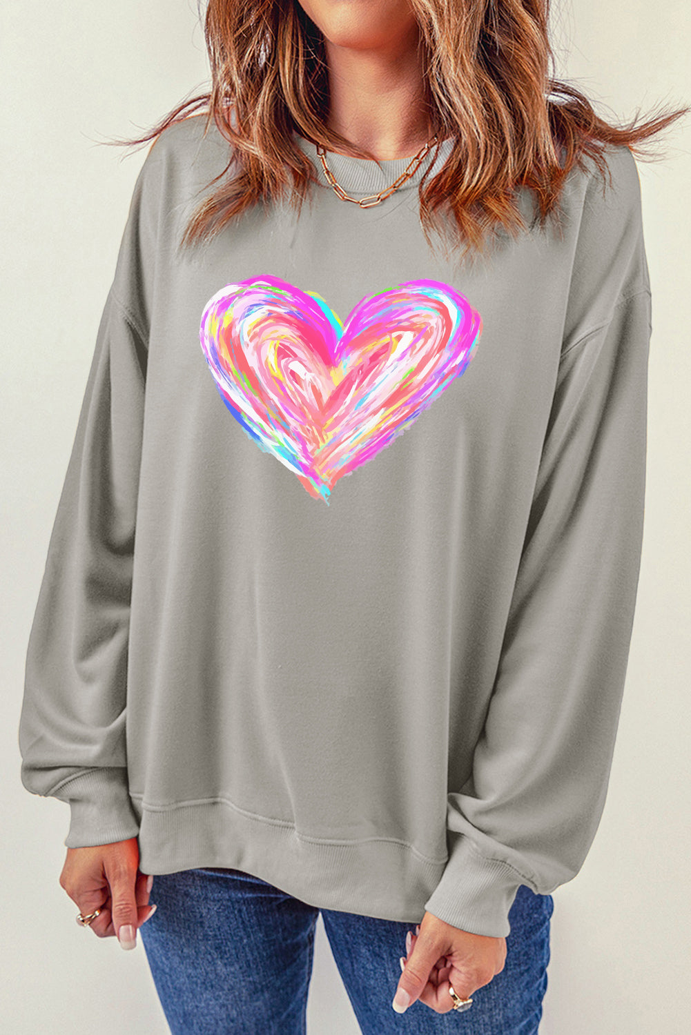 Gray Valentines Brushwork Heart Graphic Drop Shoulder Sweatshirt