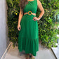 Halter Sleeveless Waist Cutout Maxi Dress Sexy Hoop Decor A Line Smocked Dress