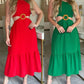 Halter Sleeveless Waist Cutout Maxi Dress Sexy Hoop Decor A Line Smocked Dress