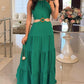 Halter Sleeveless Waist Cutout Maxi Dress Sexy Hoop Decor A Line Smocked Dress