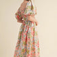 Apricot Pink Floral Smocked Bust Bubble Short Sleeve Maxi Dress