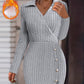 Polo V Neck Long Sleeve Fleece Lined Bodycon Dress Slit Button Decor Ribbed Mini Dress