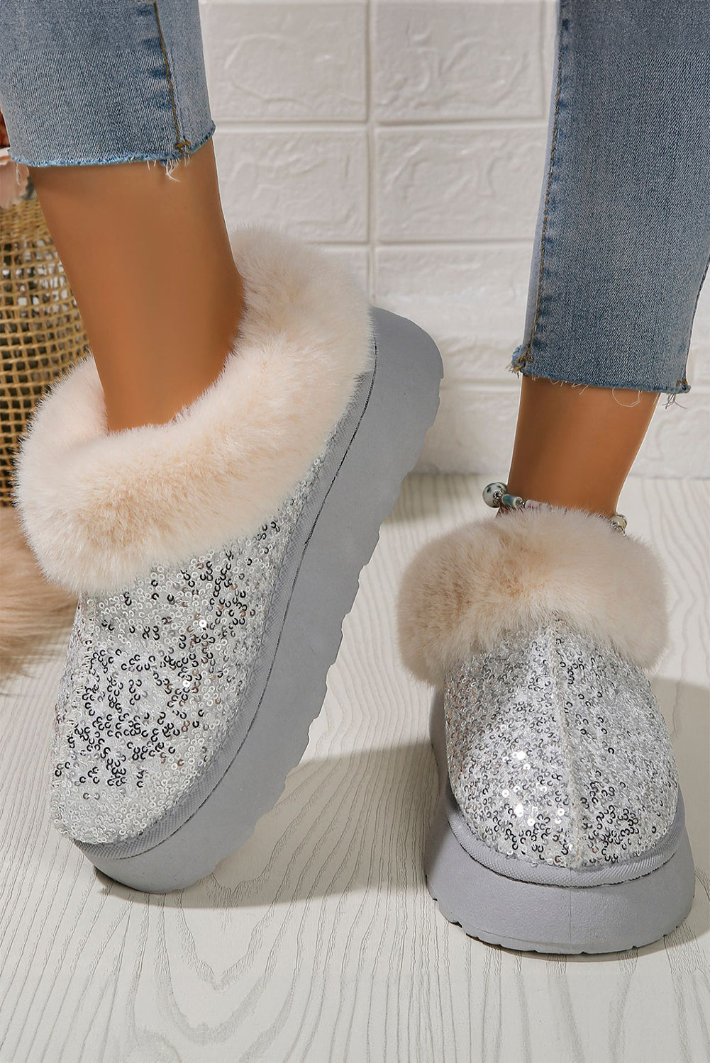 Silvery Sequin Plush Lined Thick Sole Snow Boots