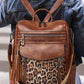 Coffee Leopard Patchwork PU Leather Functional Backpack