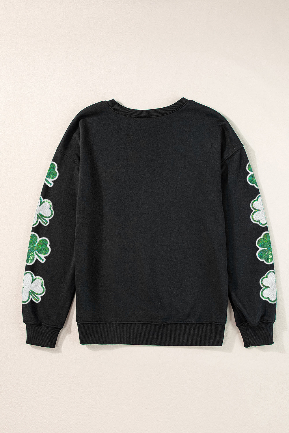 Black Sequin Clover Patched Drop Shoulder Sweatshirt