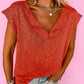 Orange Solid Color Split V Neck Short Sleeve Sweater