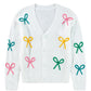 White Bowknot Drop Shoulder Knitted Button up Cardigan