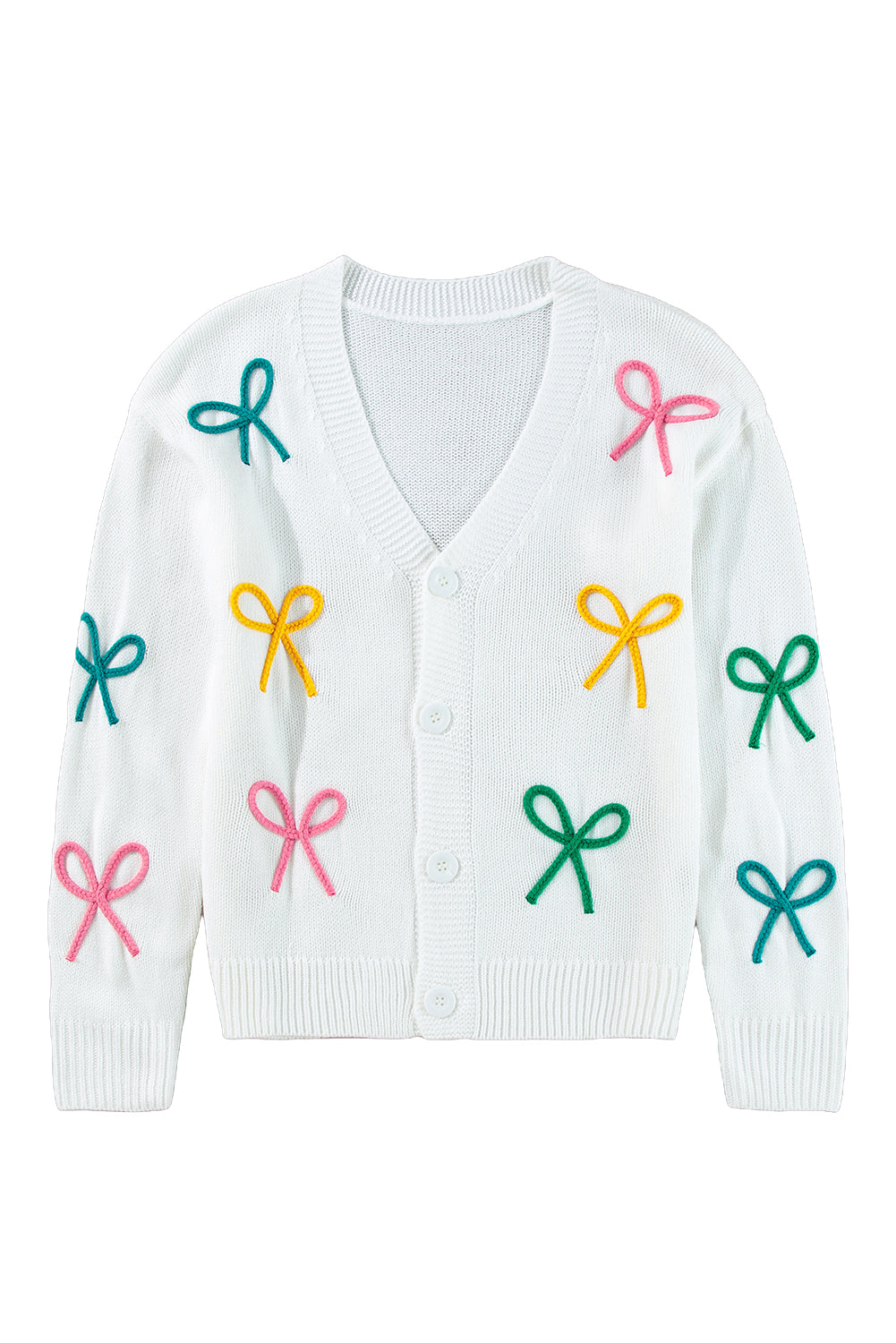 White Bowknot Drop Shoulder Knitted Button up Cardigan