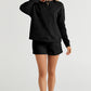 Black Textured Long Sleeve Top and Drawstring Shorts Set