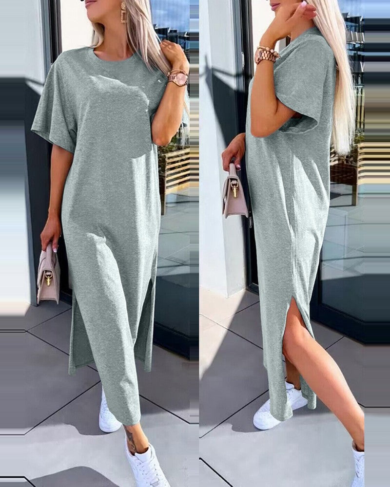 Slit Short Sleeve Round Neck Casual Dress