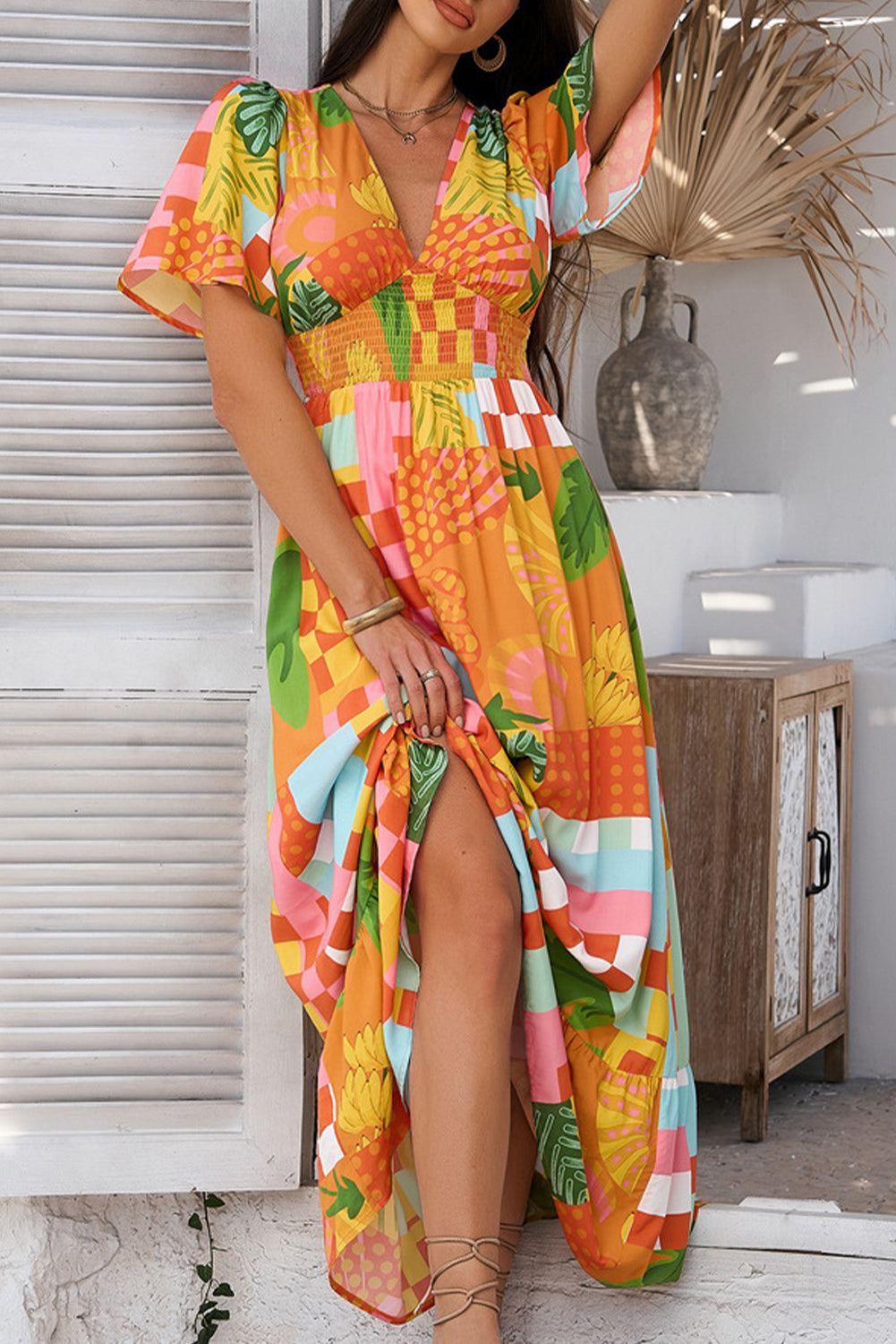 Orange Floral Print Smocked Empire Waist V Neck Maxi Dress