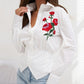 Embroidery Floral Pattern Button Down Asymmetrical Hem Shirt Top